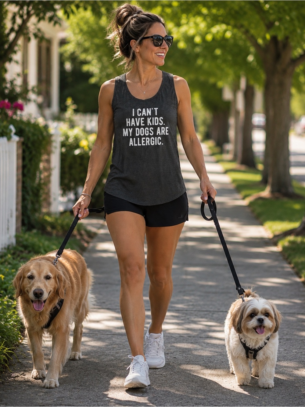 “I Can’t Have Kids. My Dogs Are Allergic.” Graphic Tank Top (in gray)